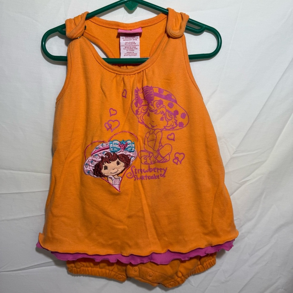 2007 Strawberry Shortcake Vibrant Orange/Pink Baby Romper Embroidered Size 24 Mo